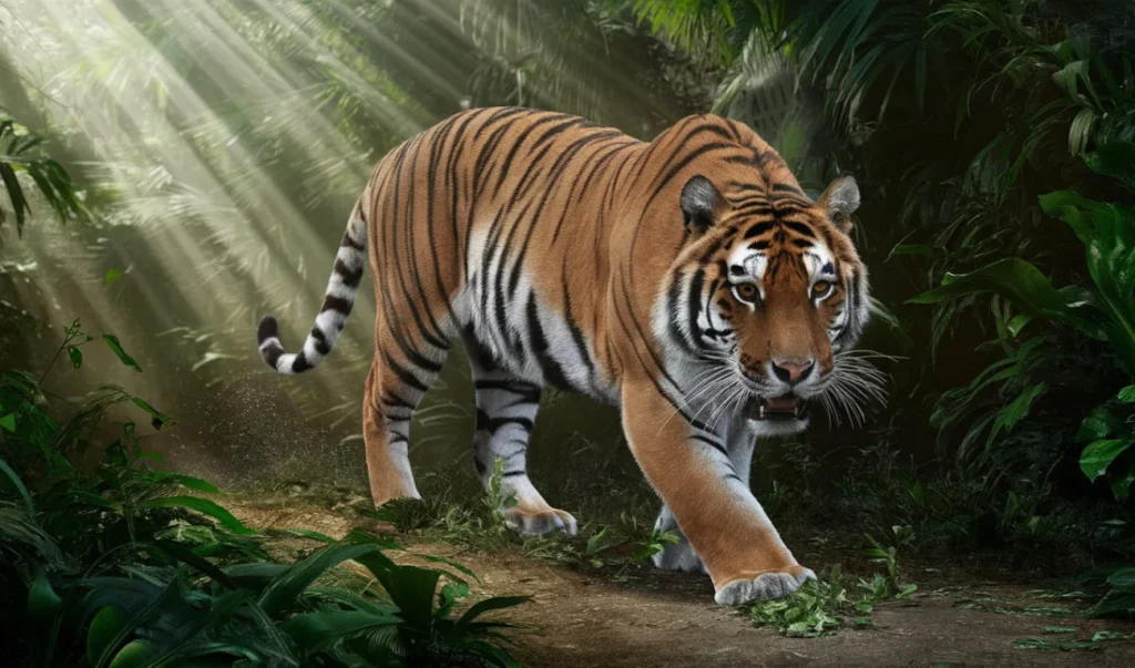 a tiger walking through the jungle on a path