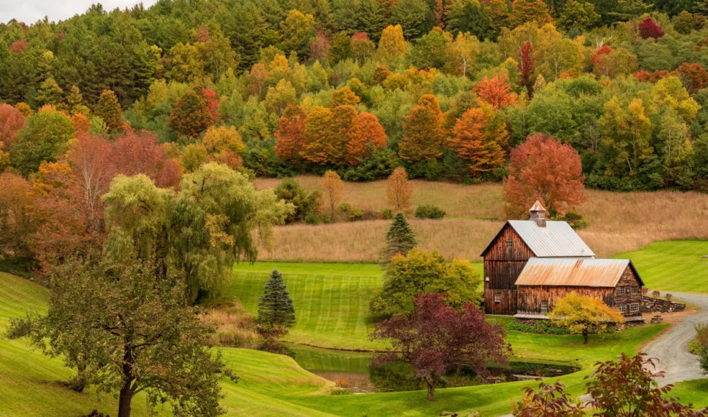 a barn sits in the middle of a lush green field