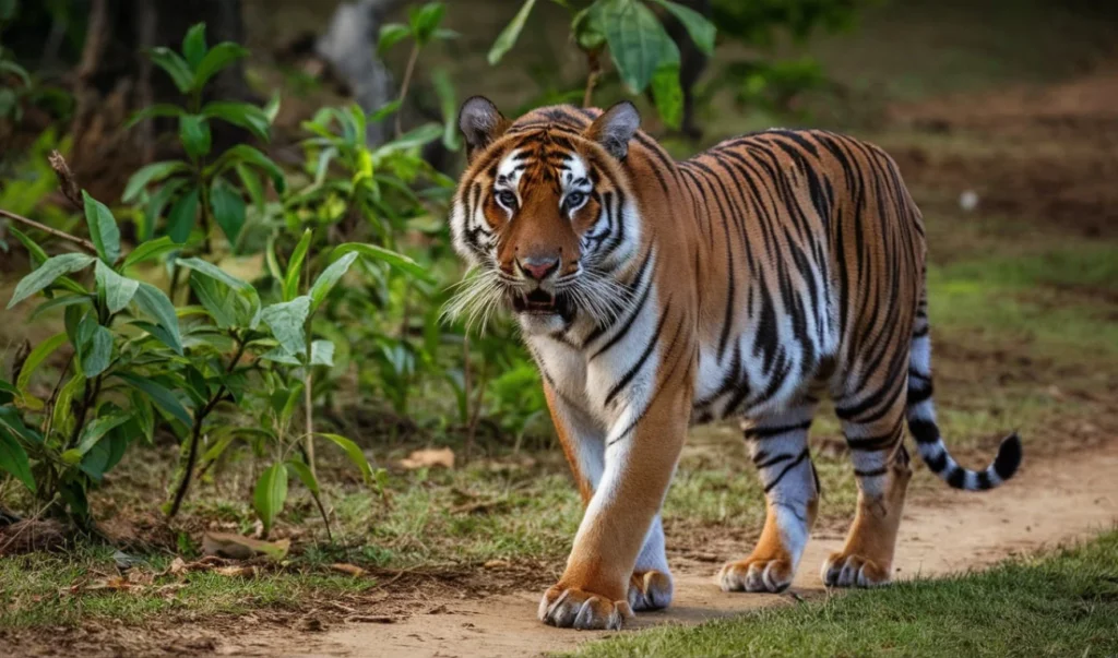 a tiger walking along a dirt road in the forest