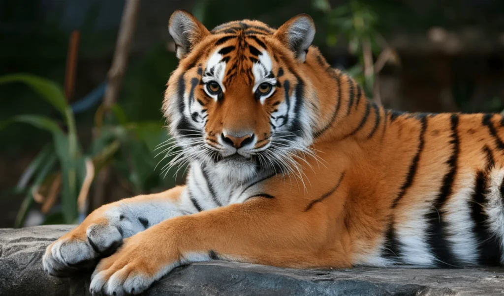 a close up of a tiger sitting on a rock