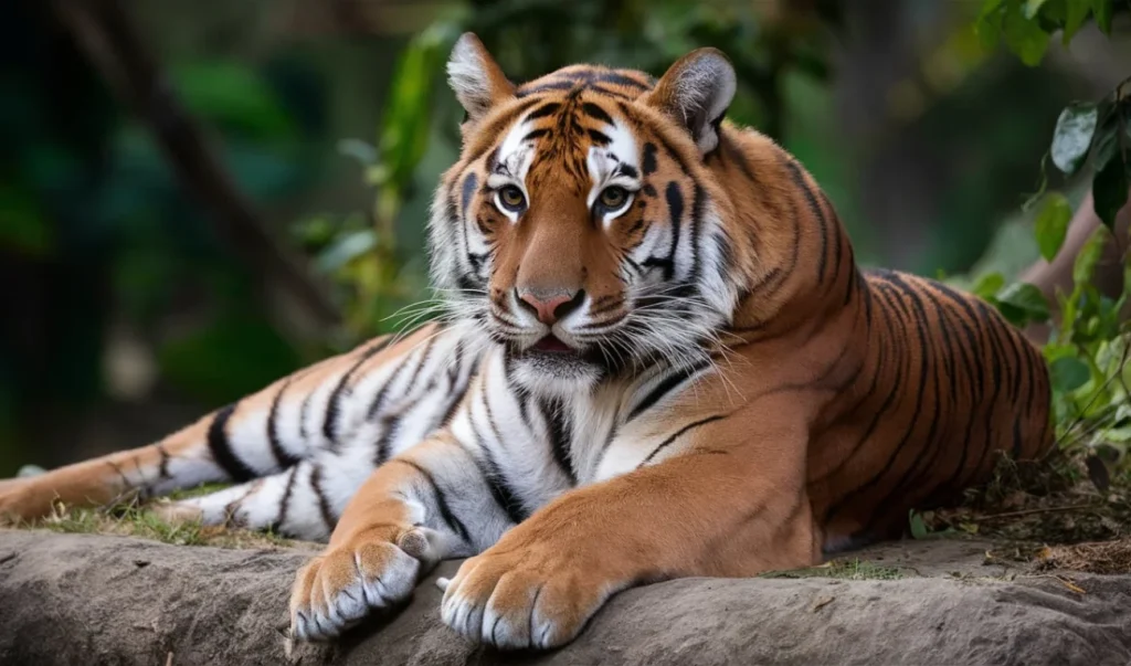 a tiger is sitting on a rock in the zoo