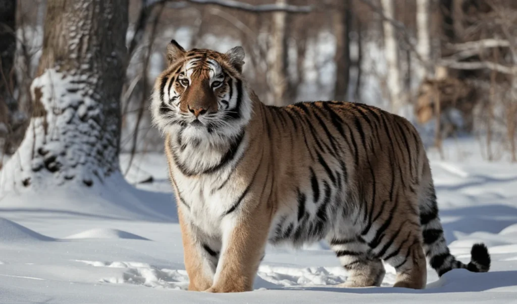 a tiger is standing in the snow in the woodsa