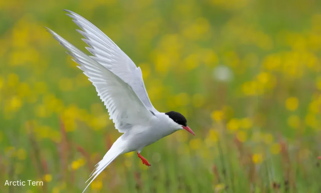 Arctic tern in flight over a colorful field, its wings spread wide.