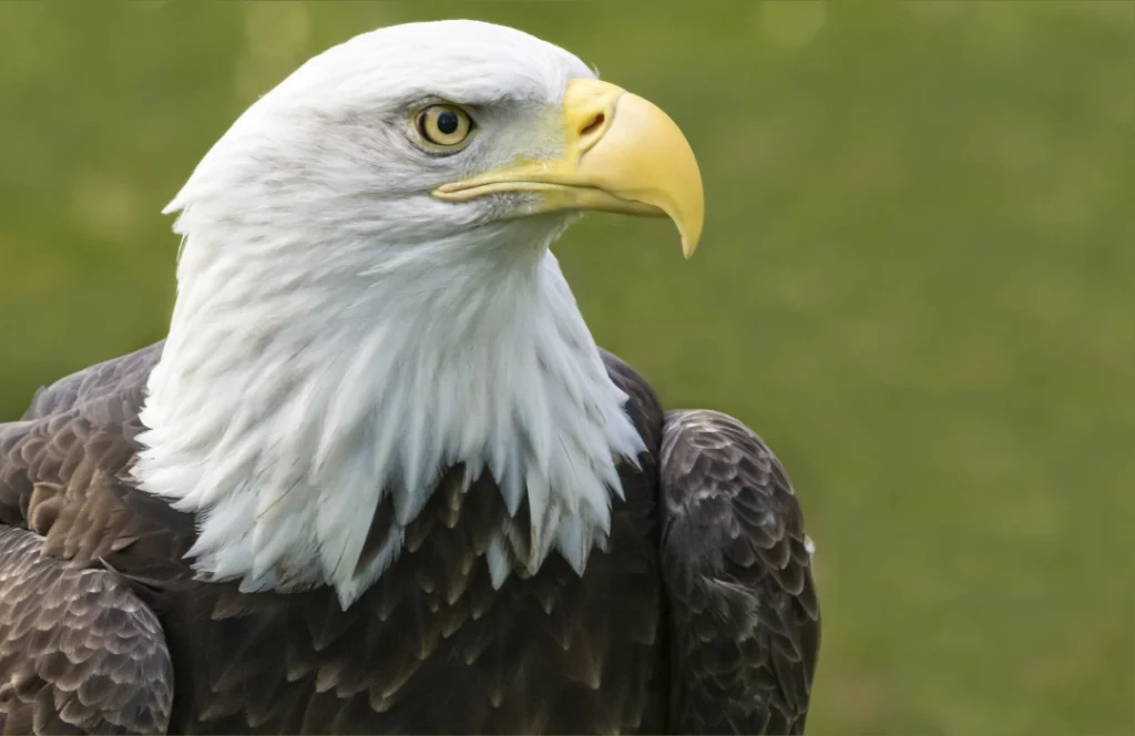 This image shows a bald eagle perched majestically on a tree branch, its white head and tail contrasting sharply with its dark brown body. The eagle’s piercing yellow eyes and powerful beak are prominently displayed, symbolizing strengt